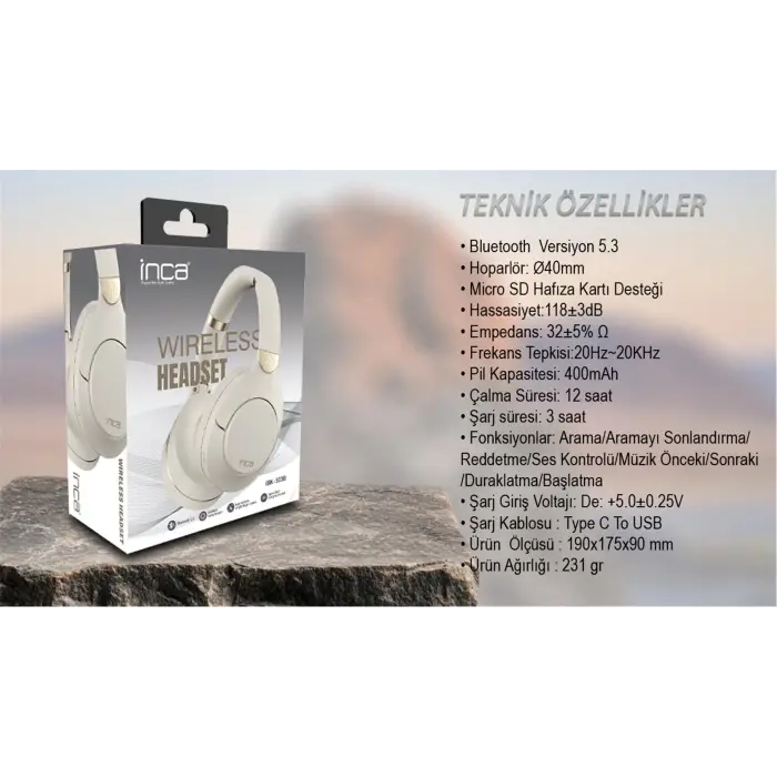 Inca IBK-503B Beyaz 5.3 Bluetooth Wireless Kulaklık Micro Sd Kulaklık 400mah Type-c To USB