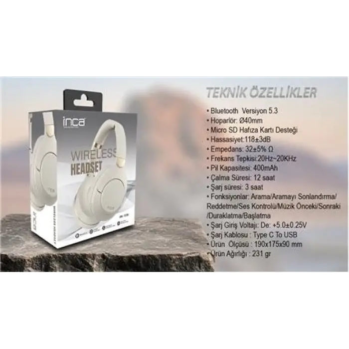 Inca IBK-503B Beyaz 5.3 Bluetooth Wireless Kulaklık Micro Sd Kulaklık 400mah Type-c To USB (KDO)