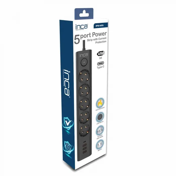 INCA IPW-44TU 5li 1,5mt Siyah 3Usb+Typ-C Akım Korumalı  Led Tuşlu Priz (KDO)