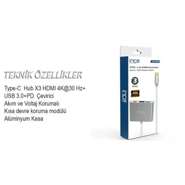 Inca ITPC-04TX Type-c Hub HDMI 4K@30hz USB3.0+PD100W Akım ve Voltaj Korumalı Alüminyum Çoklayıcı (KDO)