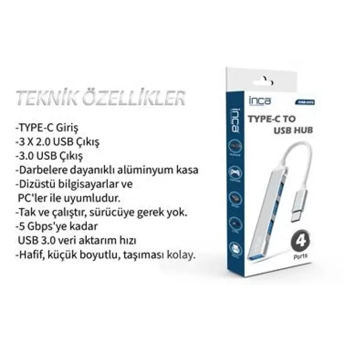 Inca IUSB-04T Type-C Grişli 4Port Usb Hub 3X2.0 USB Çıkış 3.0 USB Çıkış 5 Gbps