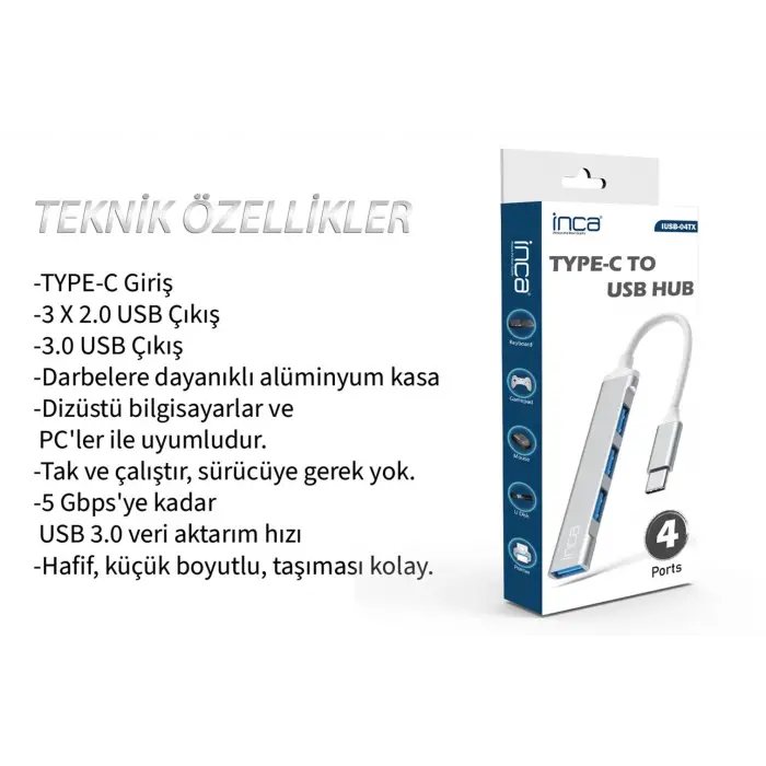 Inca IUSB-04T Type-C Grişli 4Port Usb Hub 3X2.0 USB Çıkış 3.0 USB Çıkış 5 Gbps (KDO)