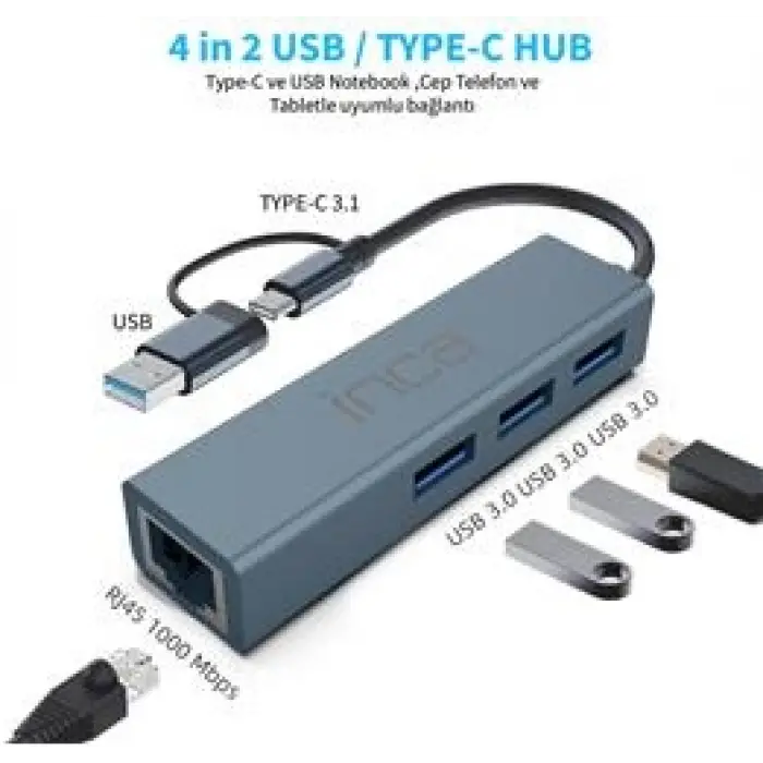 Inca IUTP-03TX Ethernet Usb 3.0+Type-C 3.1 Grişli 000 Mbps 3X3.1Usb Eternet-Çoklayıcı