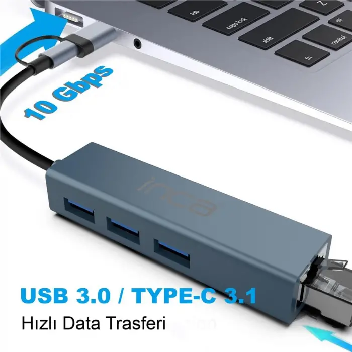 Inca IUTP-03TX Ethernet Usb 3.0+Type-C 3.1 Grişli 000 Mbps 3X3.1Usb Eternet-Çoklayıcı (KDO)
