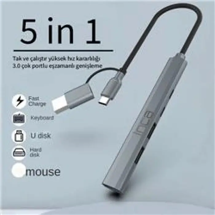 Inca IUTP-06TX 5in1 USB 3.0 + 2xUSB 2.0+Type-C+PD 100W USB+Type-C Çoklayıcı 3.0 ile 5 Gbps