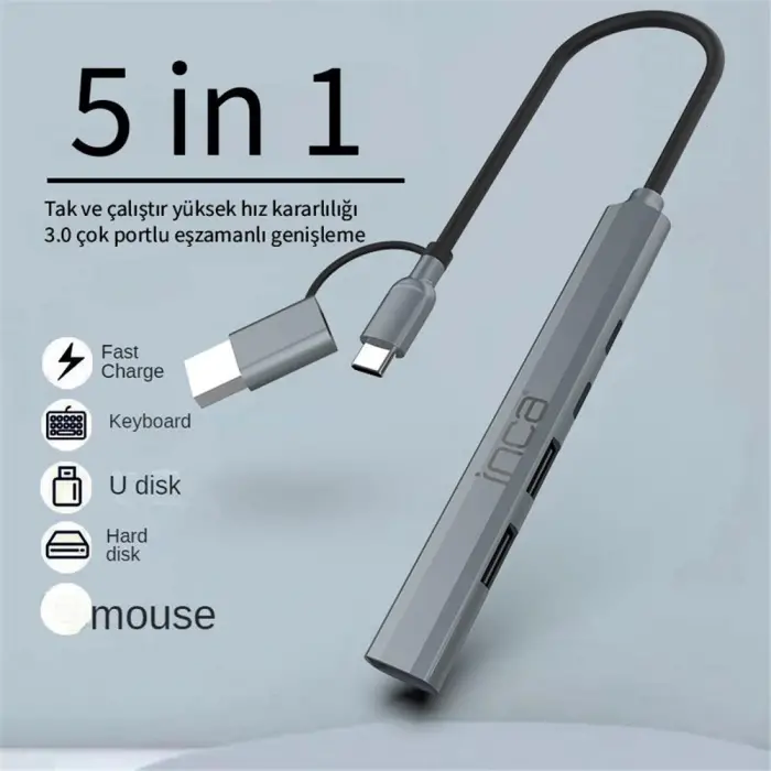 Inca IUTP-06TX 5in1 USB 3.0 + 2xUSB 2.0+Type-C+PD 100W USB+Type-C Çoklayıcı 3.0 ile 5 Gbps (KDO)