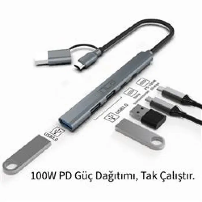 Inca IUTP-06TX 5in1 USB 3.0 + 2xUSB 2.0+Type-C+PD 100W USB+Type-C Çoklayıcı 3.0 ile 5 Gbps (KDO)