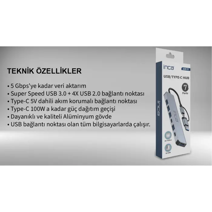 Inca IUTP-7T Usb+Type-c Girişli USB 3.0+4X USB 2.0 Type-C 5V 2X Type-C 100W Çoklayıcı (KDO)