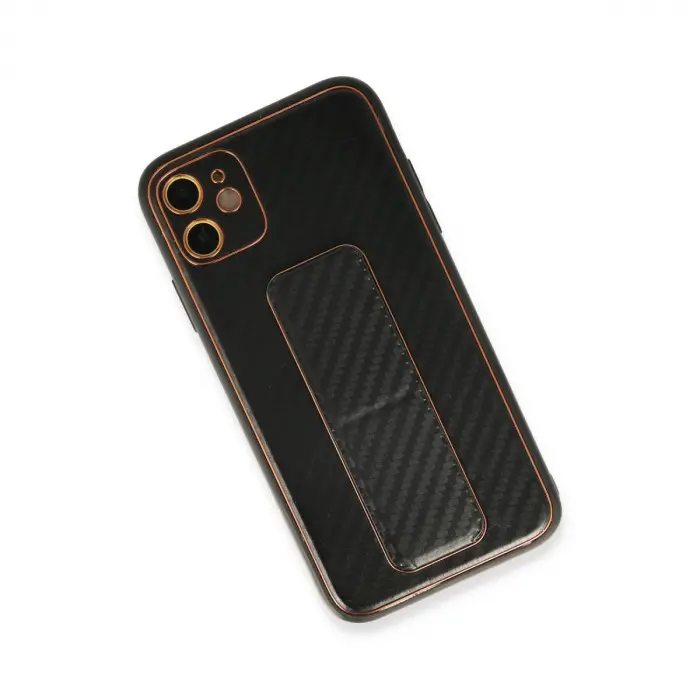 İphone 12 Kılıf Coco Karbon Standlı Kapak - Siyah