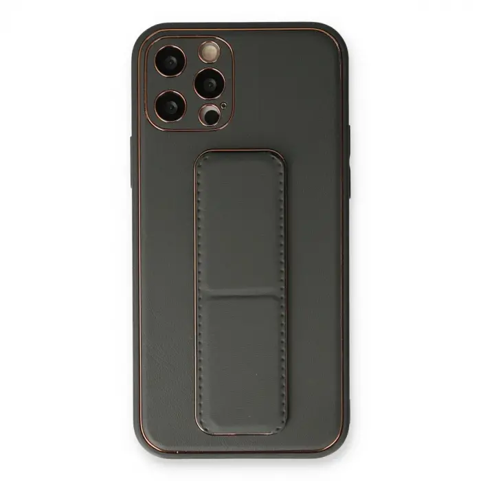 İphone 12 Pro Kılıf Coco Deri Standlı Kapak - Füme