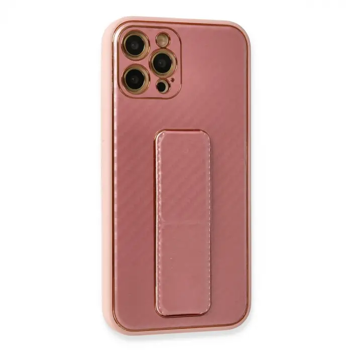 İphone 12 Pro Kılıf Coco Karbon Standlı Kapak - Pembe
