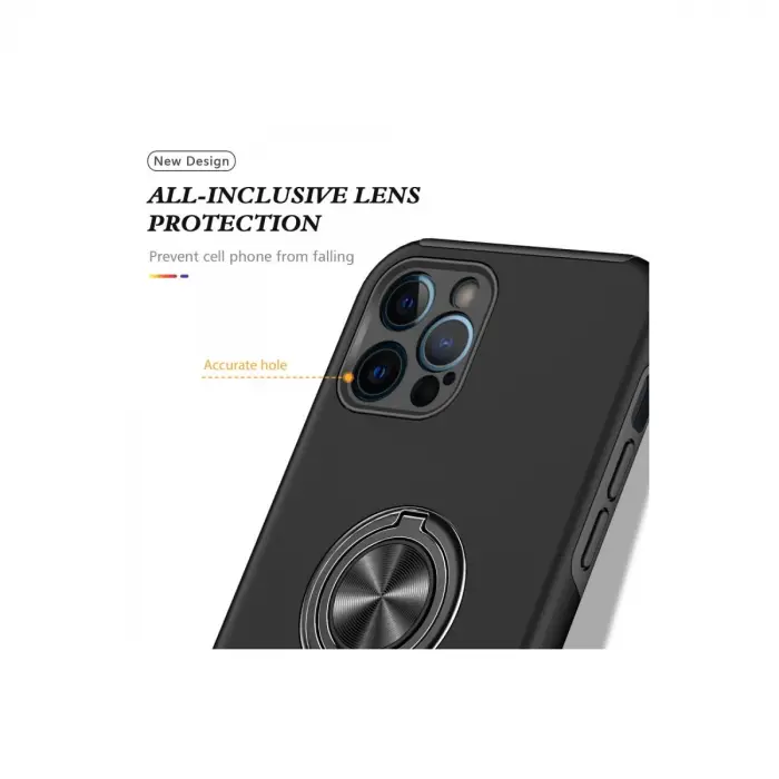 İphone 12 Pro Max Kılıf Elit Yüzüklü Kapak - Siyah