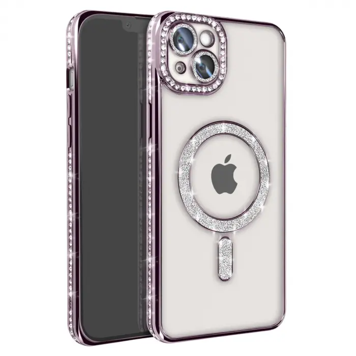 İphone 14 Kılıf Joke Simli Magneticsafe Kılıf - Derin Mor