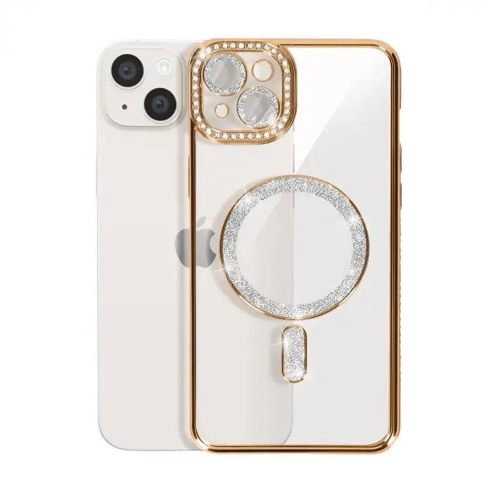 İphone 14 Kılıf Joke Simli Magneticsafe Kılıf - Gold