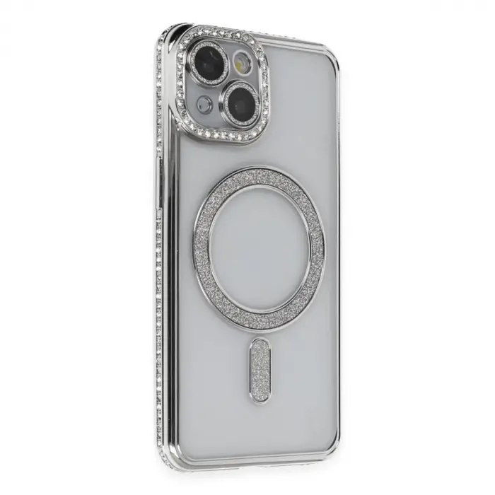 İphone 14 Kılıf Joke Simli Magneticsafe Kılıf - Gümüş