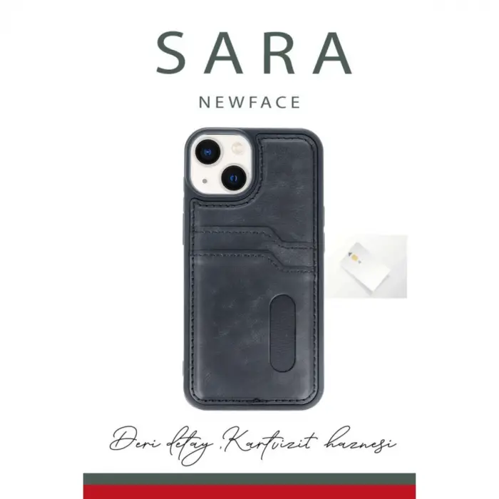 İphone 14 Kılıf Sara Kartvizitli Deri Kılıf - Lacivert