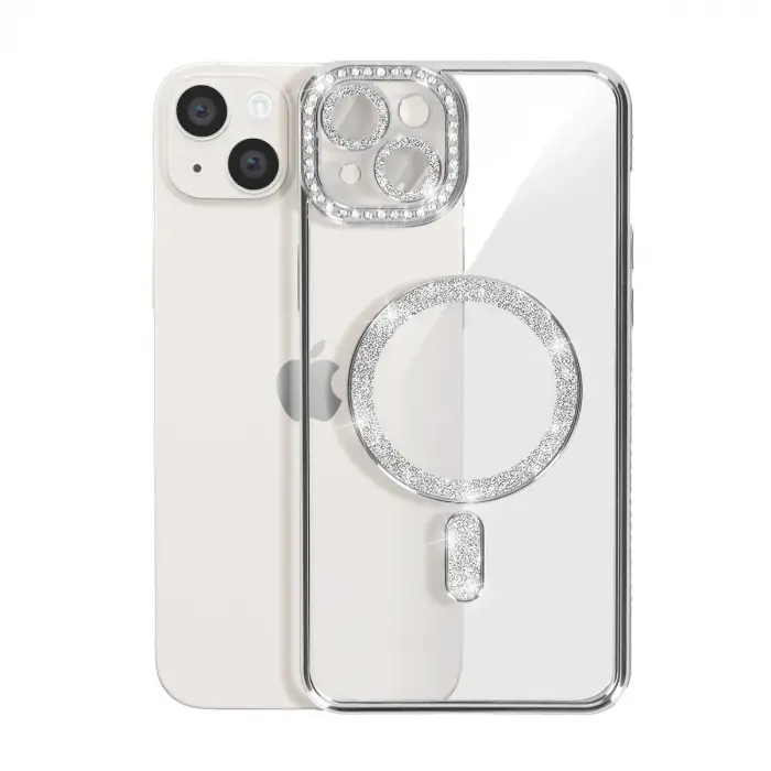 İphone 15 Kılıf Joke Simli Magneticsafe Kılıf - Gümüş