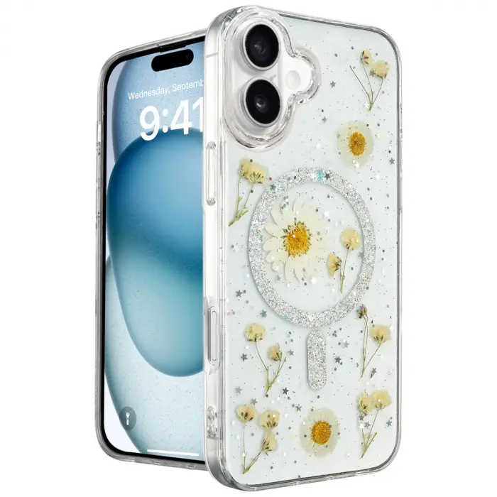 İphone 16 Kılıf Daisy Simli Magsafe Kapak - Gümüş