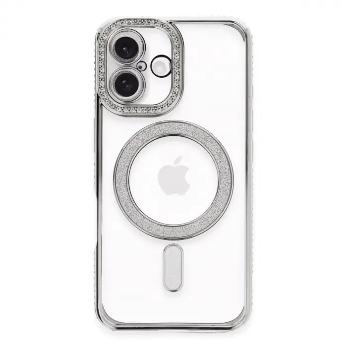 İphone 16 Plus Kılıf Joke Simli Magneticsafe Kılıf - Gümüş