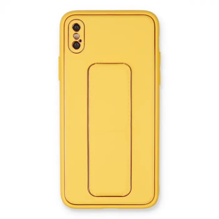 İphone Xs Max Kılıf Coco Deri Standlı Kapak - Sarı