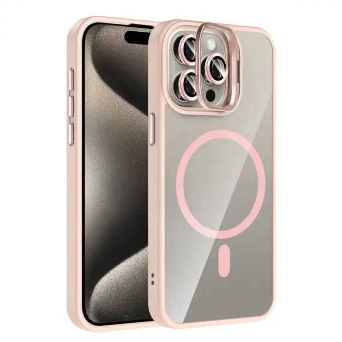 Joko  İphone 15 Pro Max Remim Lensli Magsafe Standlı Kapak - Pembe