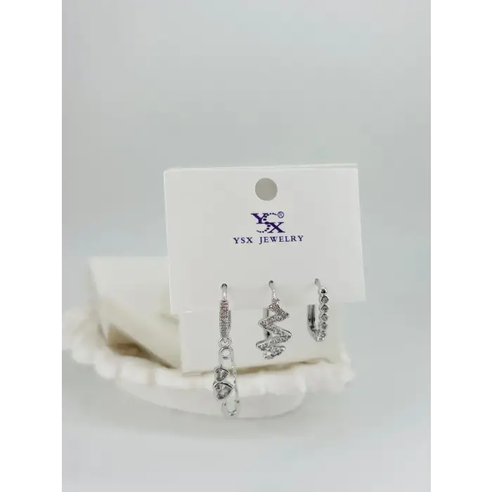 Kalp Detaylı Üçlü Kombin Küpe - Kp00544