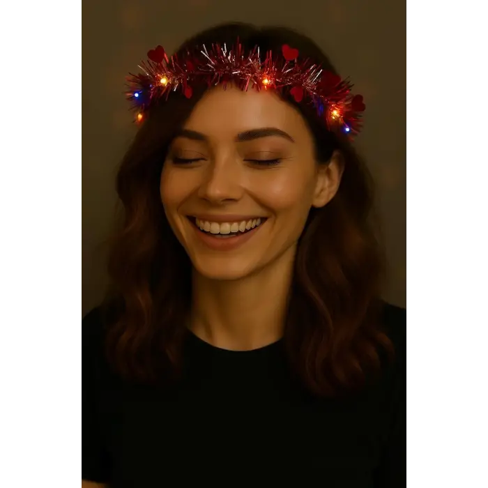 Kalp Püsküllü Gece Parıltısı 3 Modlu Led39li Işıklı Taç Kırmızı Renk