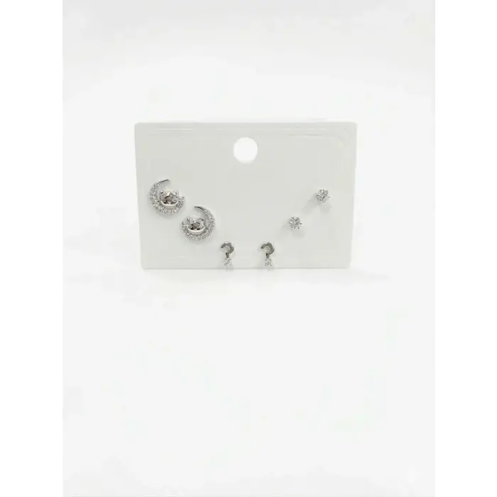 Rodyum Zirkon Taşlı Pirinç Altılı  Kombin Küpe - Kp00632