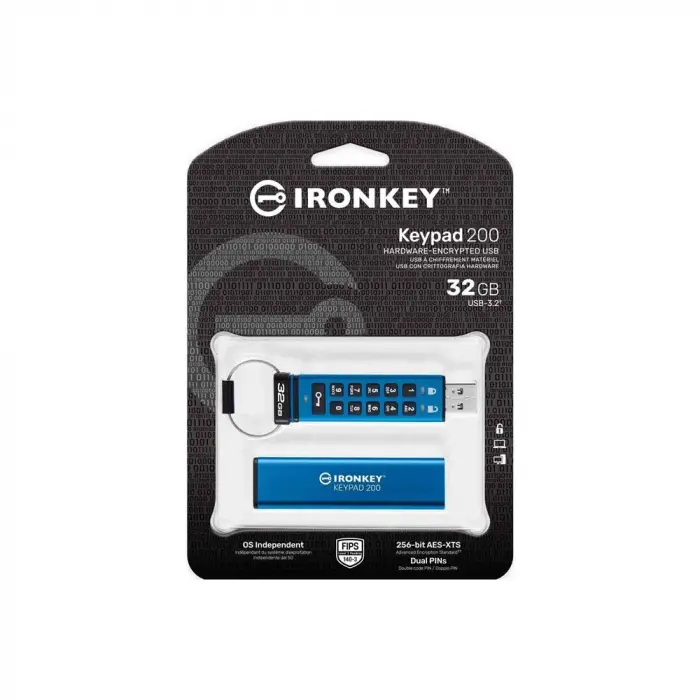 Kingston IKKP200-32GB 32GB IronKey Keypad 200, FIPS 140-3 Lvl 3 (Pending) Flash Bellek