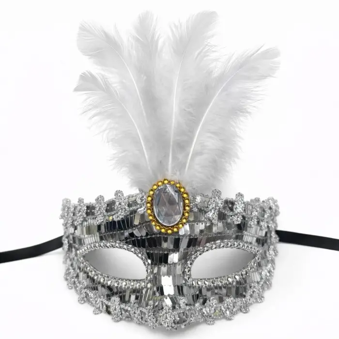 Lüks Gümüş Tüylü Taşlı Balo Maskesi