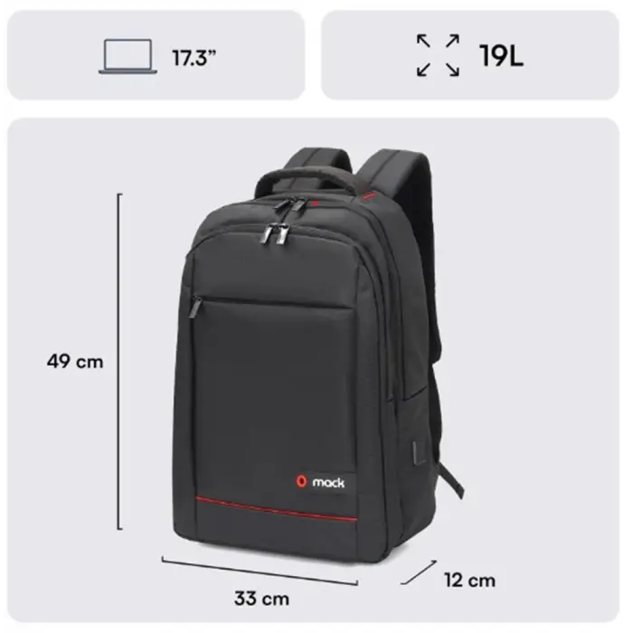 Mack MCC-007 17.3 Office USB Girişli Notebook Sırt Çantası Siyah (Dahili USB Şarj Portu)
