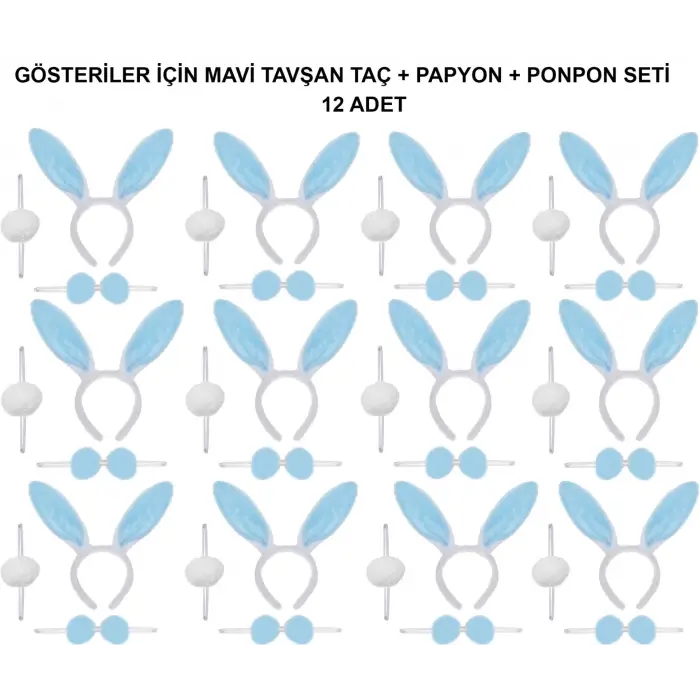 Mavi Tavşan Kostüm Seti – Taç, Papyon, Ponpon (12’li Paket)