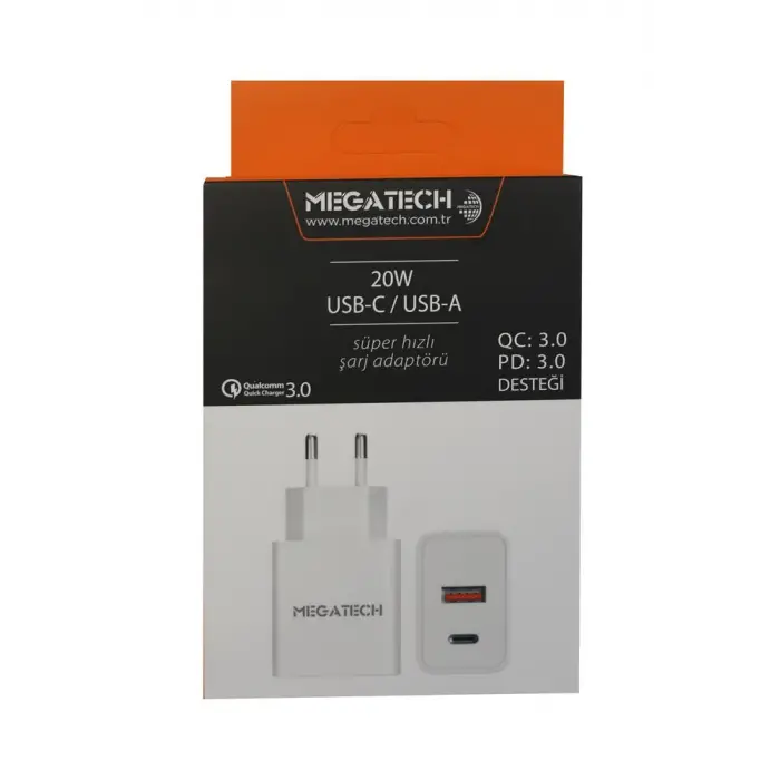 Megatech 20w Beyaz USB-C USB-A  Şarj Kafa QC:3.0-PD:3.0 (KDO)