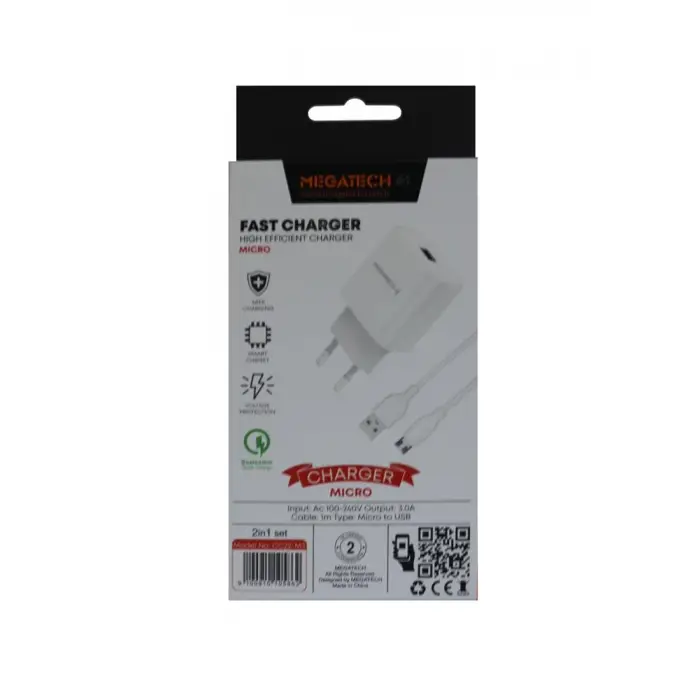Megatech CC01 (CC22-M3 ) 2in1 5v-3.0 Ev Şarj+ Micro Kablo Hızlı Şarj (KDO)