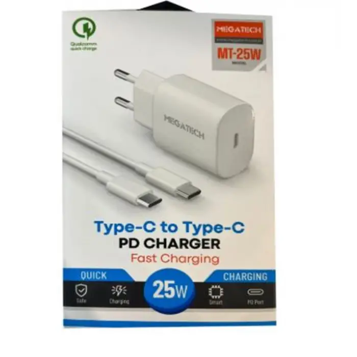 Megatech Mt-25w QC:3.0 PD:3.0 Ev Şarj Kafa+ Type-C To Type-C Şarj Kafası Hızlı Şarj