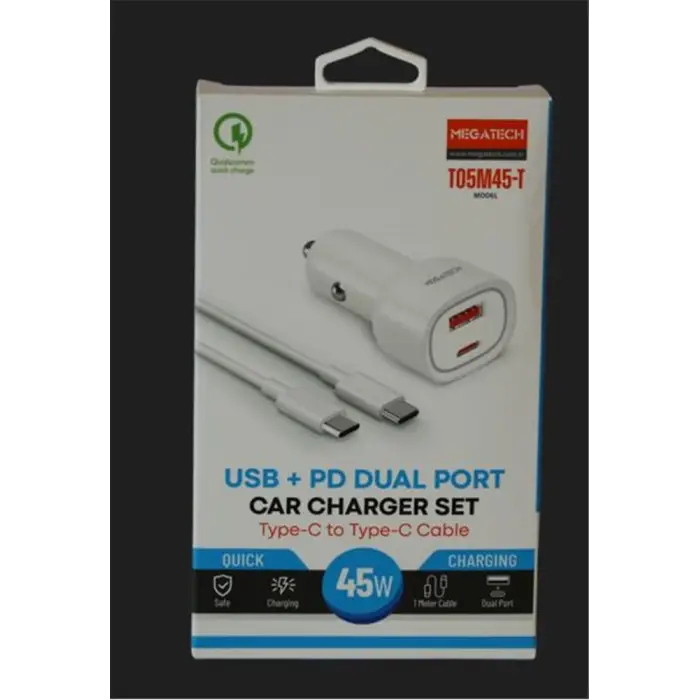 Megatech T05M45-T Beyaz 45W PD-USB Araç Çakmaklık Şarj Başlığı Hızlı Şarj(TYPE-C TO TYPE-C KABLO)