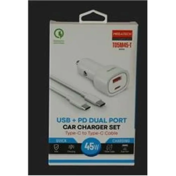 Megatech T05M45-T Beyaz 45W PD-USB Araç Çakmaklık Şarj Başlığı Hızlı Şarj(TYPE-C TO TYPE-C KABLO)