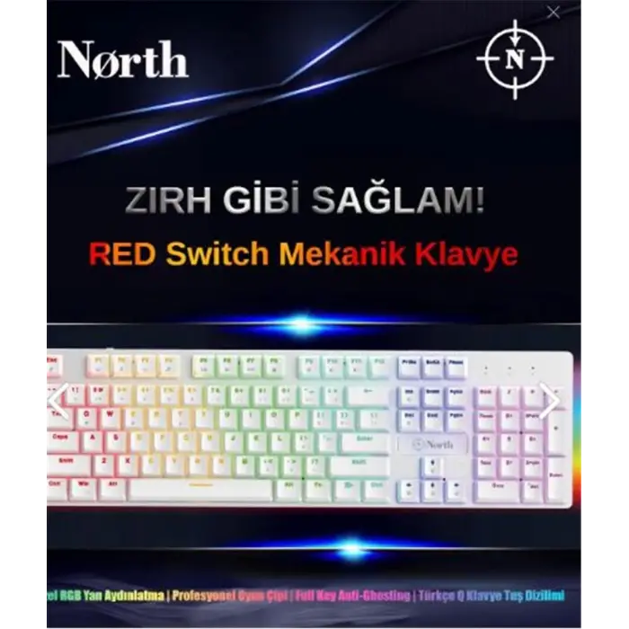 North Shield White Red Switch Türkçe Q RGB Beyaz Mekanik Gaming Klavye (KDO)