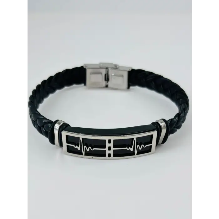 Siyah Deri / Çelik  Erkek Deri Bileklik 20 Cm  - Ebl0123