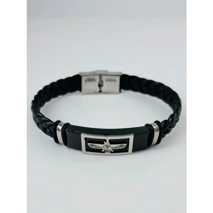 Siyah Deri / Çelik  Erkek Deri Bileklik 20 Cm  - Ebl0111