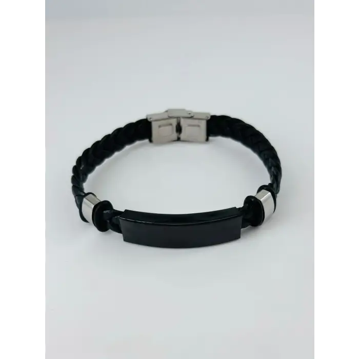 Siyah Deri  / Çelik  Erkek Deri Bileklik 20 Cm  - Ebl0031