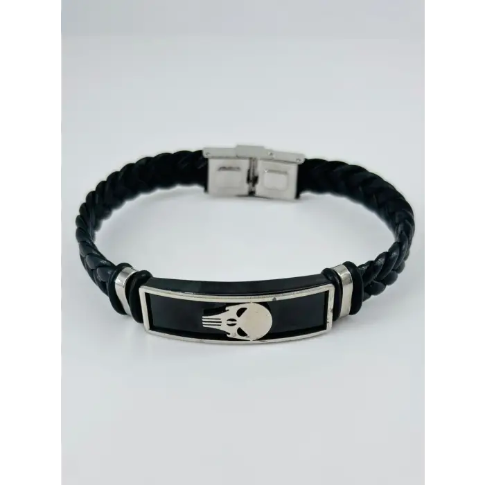 Siyah Deri / Çelik  Erkek Deri Bileklik 20 Cm  - Ebl0088