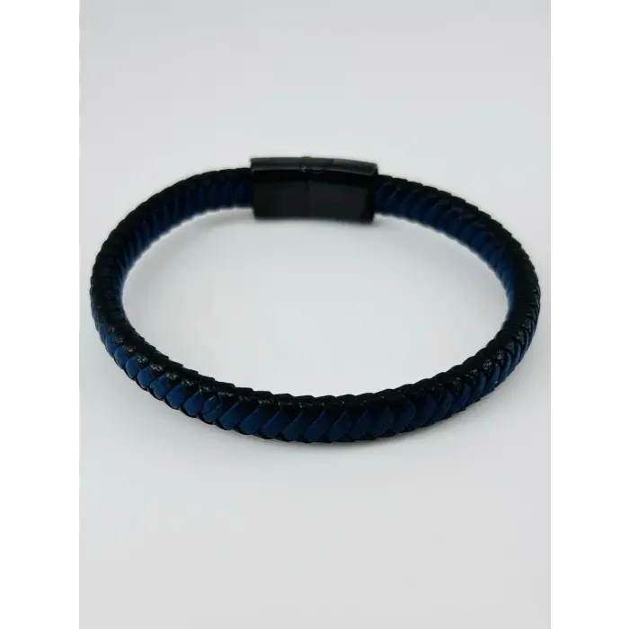 Siyah Deri / Çelik  Erkek Deri Bileklik 20 Cm  - Ebl0059