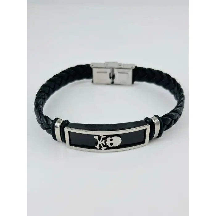 Siyah Deri / Çelik  Erkek Deri Bileklik 20 Cm  - Ebl0079