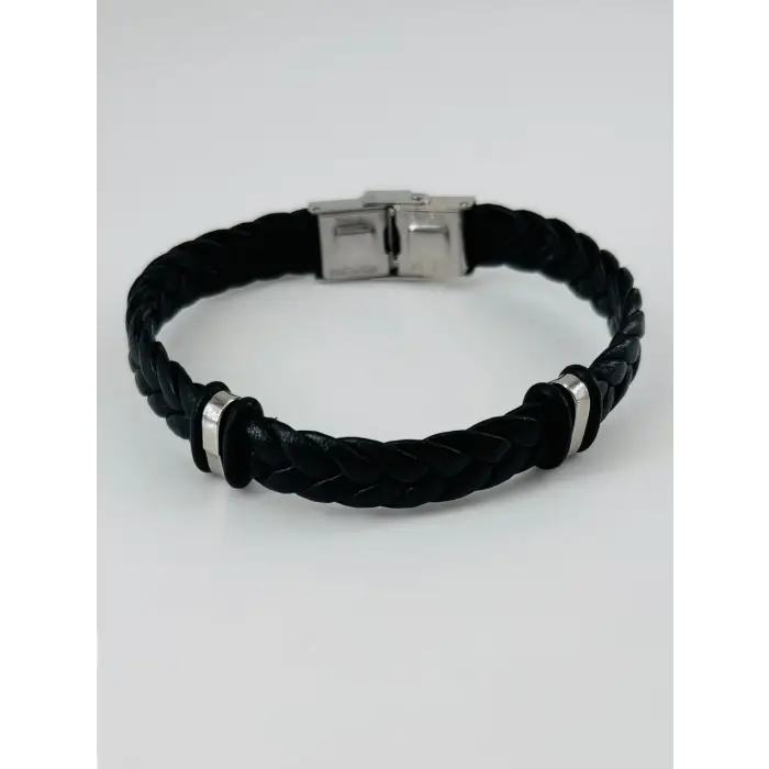 Siyah Deri  / Çelik  Erkek Deri Bileklik 20 Cm  - Ebl0045