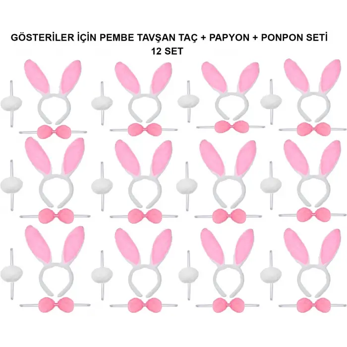 Pembe Tavşan Kostüm Seti – Taç, Papyon, Ponpon (12’li Paket)