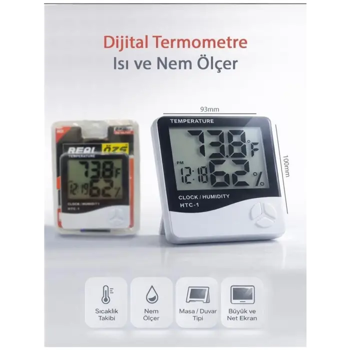 Real Özs HTC-1 Dijital Saat -Alarm - Termometre- Isı Ve Nem Ölçer
