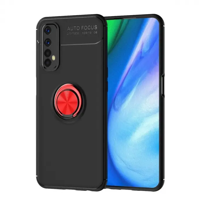 Realme 7 Kılıf Range Yüzüklü Silikon - Siyah-kırmızı
