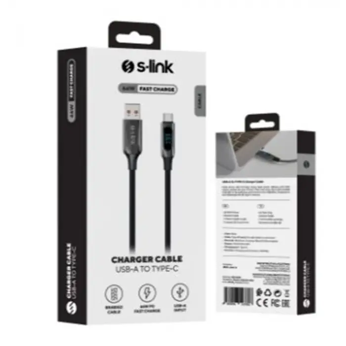 S-link Armor LED UC-066 66W 1m USB to Type-C PD Örgülü LED Başlıklı Siyah Hızlı Şarj Kablosu