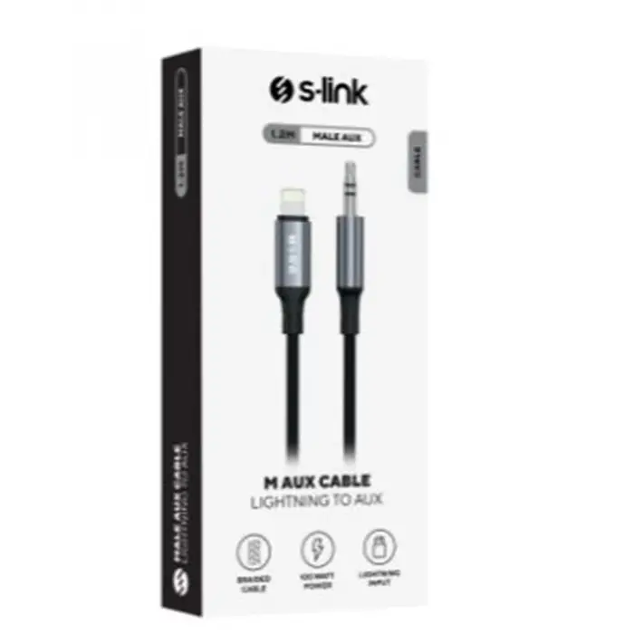 S-link Armor ML-01 1.2m Lightning to M AUX Örgülü Metal Başlıklı Siyah Ses Kablosu (KDO)